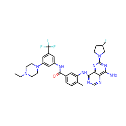 CCN1CCN(c2cc(NC(=O)c3ccc(C)c(Nc4ncnc5c(N)nc(N6CC[C@H](F)C6)nc45)c3)cc(C(F)(F)F)c2)CC1 ZINC000165257211