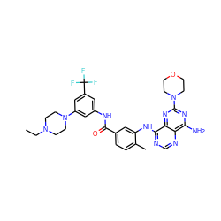 CCN1CCN(c2cc(NC(=O)c3ccc(C)c(Nc4ncnc5c(N)nc(N6CCOCC6)nc45)c3)cc(C(F)(F)F)c2)CC1 ZINC000165256804
