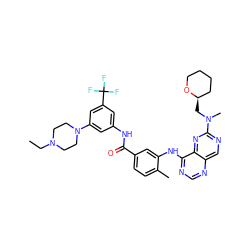 CCN1CCN(c2cc(NC(=O)c3ccc(C)c(Nc4ncnc5cnc(N(C)C[C@@H]6CCCCO6)nc45)c3)cc(C(F)(F)F)c2)CC1 ZINC000165274847
