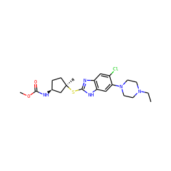 CCN1CCN(c2cc3[nH]c(S[C@]4(C)CC[C@H](NC(=O)OC)C4)nc3cc2Cl)CC1 ZINC000040874987