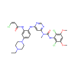 CCN1CCN(c2ccc(Nc3cc(N(C)C(=O)Nc4c(Cl)c(OC)cc(OC)c4Cl)ncn3)c(NC(=O)/C=C\Cl)c2)CC1 ZINC001772573128