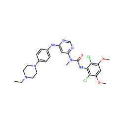 CCN1CCN(c2ccc(Nc3cc(N(C)C(=O)Nc4c(Cl)c(OC)cc(OC)c4Cl)ncn3)cc2)CC1 ZINC000072105034