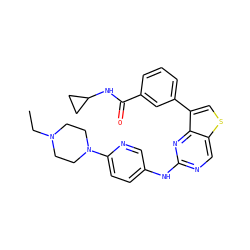 CCN1CCN(c2ccc(Nc3ncc4scc(-c5cccc(C(=O)NC6CC6)c5)c4n3)cn2)CC1 ZINC000068267343