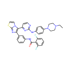 CCN1CCN(c2ccc(Nc3nccc(-c4c(-c5cccc(NC(=O)c6c(F)cccc6F)c5)nc5sccn45)n3)cc2)CC1 ZINC000049793536