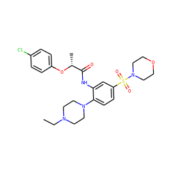 CCN1CCN(c2ccc(S(=O)(=O)N3CCOCC3)cc2NC(=O)[C@@H](C)Oc2ccc(Cl)cc2)CC1 ZINC000038139737