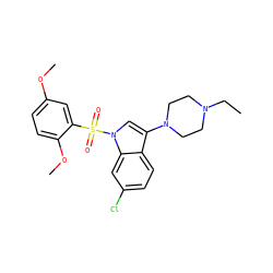CCN1CCN(c2cn(S(=O)(=O)c3cc(OC)ccc3OC)c3cc(Cl)ccc23)CC1 ZINC000066251086