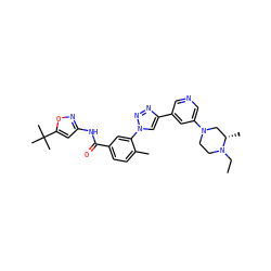 CCN1CCN(c2cncc(-c3cn(-c4cc(C(=O)Nc5cc(C(C)(C)C)on5)ccc4C)nn3)c2)C[C@@H]1C ZINC000199372067