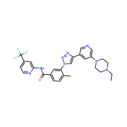 CCN1CCN(c2cncc(-c3cn(-c4cc(C(=O)Nc5cc(C(F)(F)F)ccn5)ccc4C)nn3)c2)CC1 ZINC000199381132