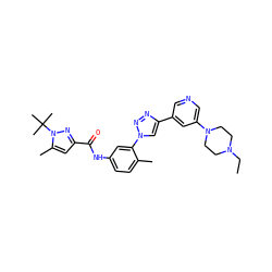 CCN1CCN(c2cncc(-c3cn(-c4cc(NC(=O)c5cc(C)n(C(C)(C)C)n5)ccc4C)nn3)c2)CC1 ZINC000118874639