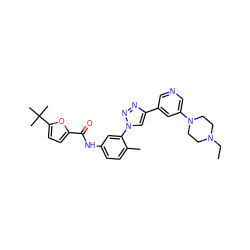 CCN1CCN(c2cncc(-c3cn(-c4cc(NC(=O)c5ccc(C(C)(C)C)o5)ccc4C)nn3)c2)CC1 ZINC000072317204