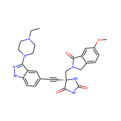 CCN1CCN(c2n[nH]c3ccc(C#C[C@]4(CN5Cc6ccc(OC)cc6C5=O)NC(=O)NC4=O)cc23)CC1 ZINC000096173705