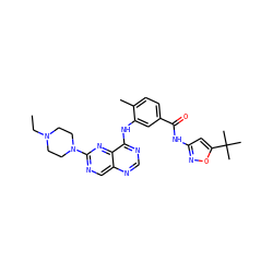 CCN1CCN(c2ncc3ncnc(Nc4cc(C(=O)Nc5cc(C(C)(C)C)on5)ccc4C)c3n2)CC1 ZINC000148321905