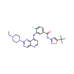 CCN1CCN(c2ncc3ncnc(Nc4cc(C(=O)Nc5cc(C(C)(C)C)on5)ccc4F)c3n2)CC1 ZINC000148276558
