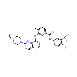 CCN1CCN(c2ncc3ncnc(Nc4cc(C(=O)Nc5ccc(OC)c(C(F)(F)F)c5)ccc4C)c3n2)CC1 ZINC000148350410