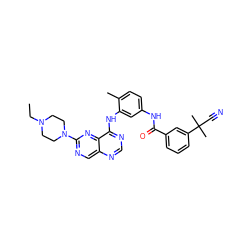 CCN1CCN(c2ncc3ncnc(Nc4cc(NC(=O)c5cccc(C(C)(C)C#N)c5)ccc4C)c3n2)CC1 ZINC000166159855