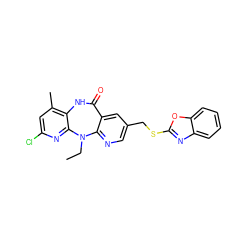 CCN1c2ncc(CSc3nc4ccccc4o3)cc2C(=O)Nc2c(C)cc(Cl)nc21 ZINC000003611237