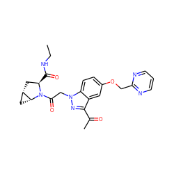 CCNC(=O)[C@@H]1C[C@H]2C[C@H]2N1C(=O)Cn1nc(C(C)=O)c2cc(OCc3ncccn3)ccc21 ZINC000210598563