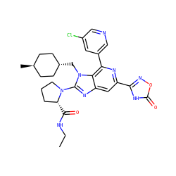 CCNC(=O)[C@@H]1CCCN1c1nc2cc(-c3noc(=O)[nH]3)nc(-c3cncc(Cl)c3)c2n1C[C@H]1CC[C@H](C)CC1 ZINC000261147424