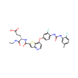 CCNC(=O)[C@H](CCC(=O)O)NC(=O)c1cc2nccc(Oc3ccc(NC(=O)Nc4cc(C)ccc4F)c(F)c3)c2s1 ZINC000220038068