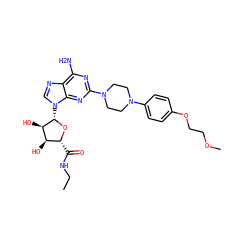 CCNC(=O)[C@H]1O[C@@H](n2cnc3c(N)nc(N4CCN(c5ccc(OCCOC)cc5)CC4)nc32)[C@H](O)[C@@H]1O ZINC000299856948