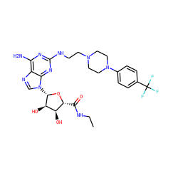 CCNC(=O)[C@H]1O[C@@H](n2cnc3c(N)nc(NCCN4CCN(c5ccc(C(F)(F)F)cc5)CC4)nc32)[C@H](O)[C@@H]1O ZINC000299864482