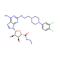 CCNC(=O)[C@H]1O[C@@H](n2cnc3c(N)nc(NCCN4CCN(c5ccc(Cl)c(Cl)c5)CC4)nc32)[C@H](O)[C@@H]1O ZINC000299855931