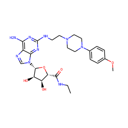 CCNC(=O)[C@H]1O[C@@H](n2cnc3c(N)nc(NCCN4CCN(c5ccc(OC)cc5)CC4)nc32)[C@H](O)[C@@H]1O ZINC000299862262