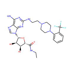 CCNC(=O)[C@H]1O[C@@H](n2cnc3c(N)nc(NCCN4CCN(c5ccccc5C(F)(F)F)CC4)nc32)[C@H](O)[C@@H]1O ZINC000299867398