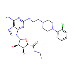 CCNC(=O)[C@H]1O[C@@H](n2cnc3c(N)nc(NCCN4CCN(c5ccccc5Cl)CC4)nc32)[C@H](O)[C@@H]1O ZINC000299860906