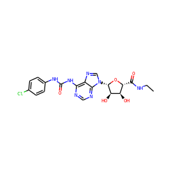 CCNC(=O)[C@H]1O[C@@H](n2cnc3c(NC(=O)Nc4ccc(Cl)cc4)ncnc32)[C@H](O)[C@@H]1O ZINC000012405936