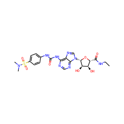 CCNC(=O)[C@H]1O[C@@H](n2cnc3c(NC(=O)Nc4ccc(S(=O)(=O)N(C)C)cc4)ncnc32)[C@H](O)[C@@H]1O ZINC000049774264
