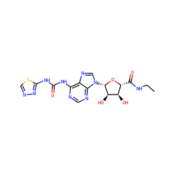 CCNC(=O)[C@H]1O[C@@H](n2cnc3c(NC(=O)Nc4nncs4)ncnc32)[C@H](O)[C@@H]1O ZINC000013780808