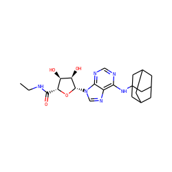 CCNC(=O)[C@H]1O[C@@H](n2cnc3c(NC45CC6CC(CC(C6)C4)C5)ncnc32)[C@H](O)[C@@H]1O ZINC000653697089