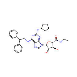 CCNC(=O)[C@H]1O[C@@H](n2cnc3c(NCC(c4ccccc4)c4ccccc4)nc(NC4CCCC4)nc32)[C@H](O)[C@@H]1O ZINC000027325171
