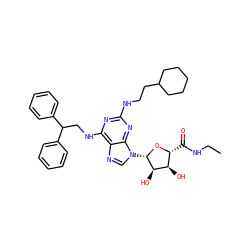 CCNC(=O)[C@H]1O[C@@H](n2cnc3c(NCC(c4ccccc4)c4ccccc4)nc(NCCC4CCCCC4)nc32)[C@H](O)[C@@H]1O ZINC000029127097