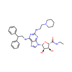 CCNC(=O)[C@H]1O[C@@H](n2cnc3c(NCC(c4ccccc4)c4ccccc4)nc(NCCN4CCCCC4)nc32)[C@H](O)[C@@H]1O ZINC000003973197