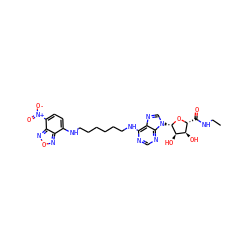 CCNC(=O)[C@H]1O[C@@H](n2cnc3c(NCCCCCCNc4ccc([N+](=O)[O-])c5nonc45)ncnc32)[C@H](O)[C@@H]1O ZINC000049792384