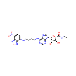 CCNC(=O)[C@H]1O[C@@H](n2cnc3c(NCCCCNc4ccc([N+](=O)[O-])c5nonc45)ncnc32)[C@H](O)[C@@H]1O ZINC000049771517