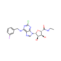 CCNC(=O)[C@H]1O[C@@H](n2cnc3c(NCc4cccc(I)c4)nc(Cl)nc32)[C@H](O)[C@@H]1O ZINC000096900961