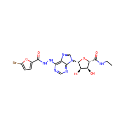 CCNC(=O)[C@H]1O[C@@H](n2cnc3c(NNC(=O)c4ccc(Br)o4)ncnc32)[C@H](O)[C@@H]1O ZINC000029051152