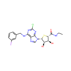 CCNC(=O)[C@H]1S[C@@H](n2cnc3c(NCc4cccc(I)c4)nc(Cl)nc32)[C@H](O)[C@@H]1O ZINC000028563648