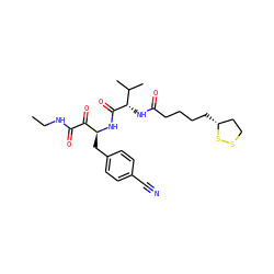 CCNC(=O)C(=O)[C@H](Cc1ccc(C#N)cc1)NC(=O)[C@@H](NC(=O)CCCC[C@@H]1CCSS1)C(C)C ZINC000028562920