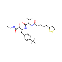 CCNC(=O)C(=O)[C@H](Cc1ccc(C(C)(C)C)cc1)NC(=O)[C@@H](NC(=O)CCCC[C@@H]1CCSS1)C(C)C ZINC000028562914