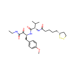 CCNC(=O)C(=O)[C@H](Cc1ccc(OC)cc1)NC(=O)[C@@H](NC(=O)CCCC[C@@H]1CCSS1)C(C)C ZINC000028562884