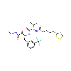 CCNC(=O)C(=O)[C@H](Cc1cccc(C(F)(F)F)c1)NC(=O)[C@@H](NC(=O)CCCC[C@@H]1CCSS1)C(C)C ZINC000028562734