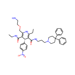 CCNC(=O)C1=C(COCCN)NC(CC)=C(C(=O)NCCCN2CCC(c3ccccc3)(c3ccccc3)CC2)[C@@H]1c1ccc([N+](=O)[O-])cc1 ZINC000026729454