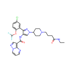 CCNC(=O)CCCN1CCC(n2cc(NC(=O)c3cnn4cccnc34)c(-c3cc(Cl)ccc3OC(F)F)n2)CC1 ZINC001772602282