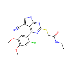 CCNC(=O)CSc1nc(-c2cc(OC)c(OC)cc2Cl)c2c(C#N)c[nH]c2n1 ZINC000059111923