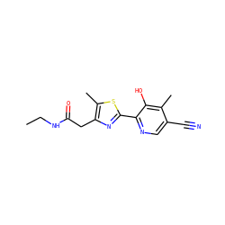 CCNC(=O)Cc1nc(-c2ncc(C#N)c(C)c2O)sc1C ZINC000148297723
