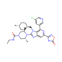 CCNC(=O)N1C[C@@H](C)N(c2nc3cc(-c4noc(=O)[nH]4)nc(-c4cncc(Cl)c4)c3n2C[C@H]2CC[C@H](C)CC2)[C@H](C)C1 ZINC000261143391